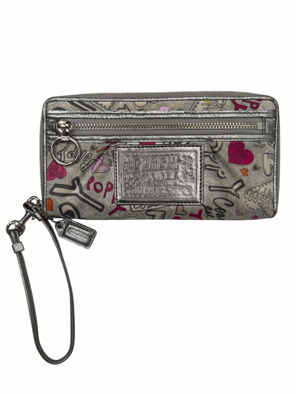 Coach Poppy Graffiti Zip Around Wallet Wristlet Silver Metallic
